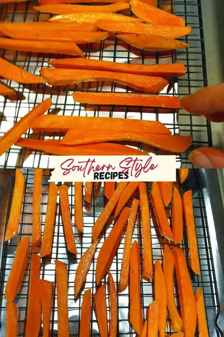 line sweet potatoe fries on baking pan