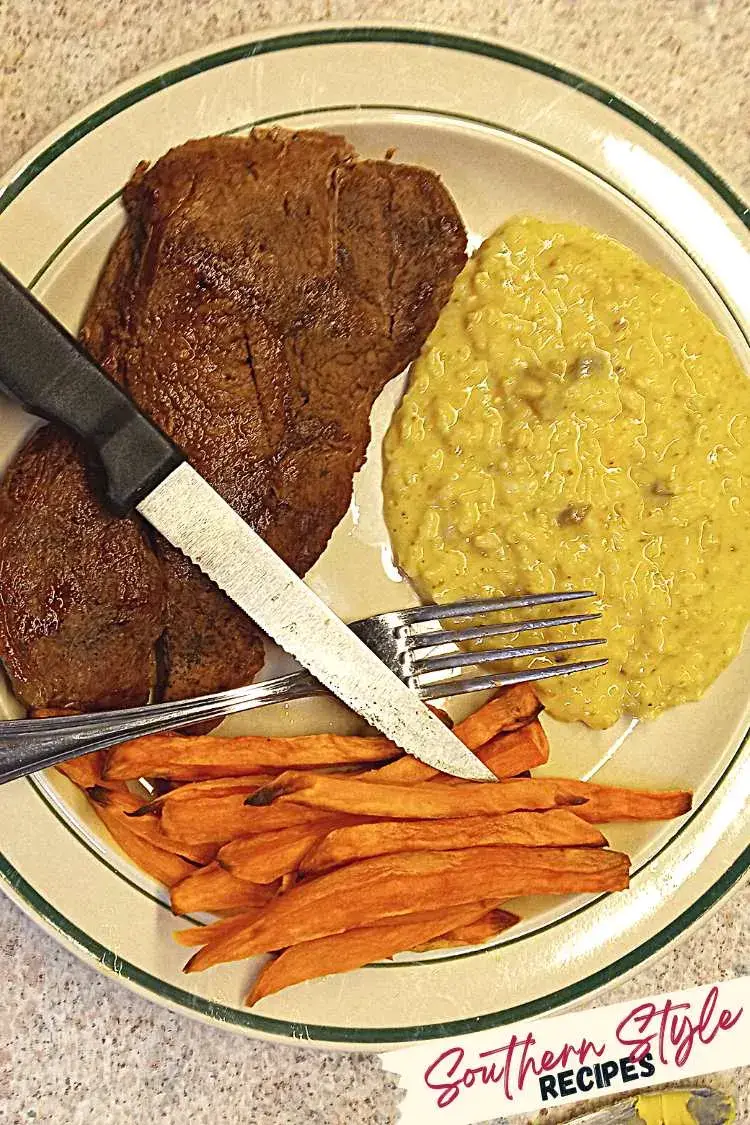 Baked Sweet Potato Fries plated with steak and broccoli, cheese, and rice