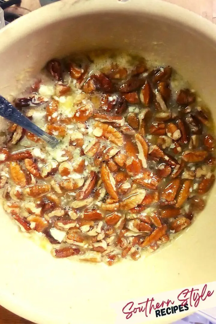 add pecans to buttery syrup mixture