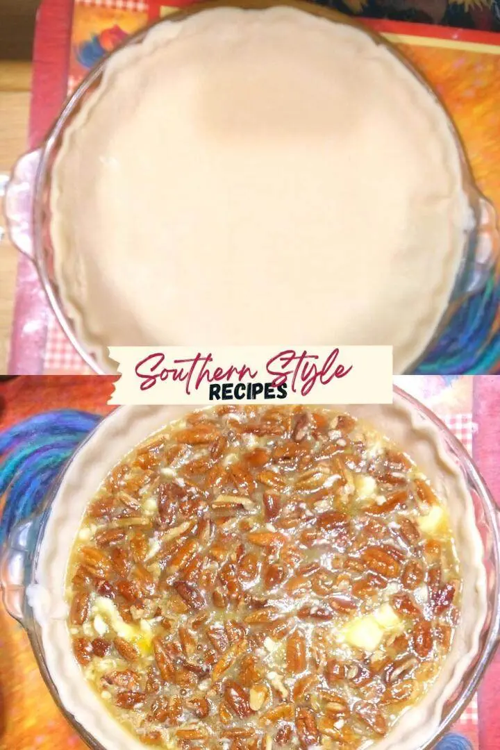 Pie crust before and after adding pecan pie filling