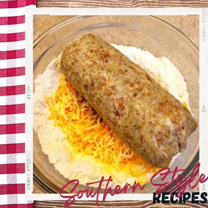 Ingredients of best sausage balls in bowl before mixing