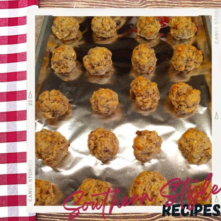 Golden brown sausage balls on baking pan