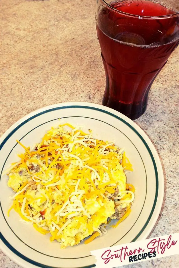 Breakfast Scramble Recipe with shredded cheese and juice
